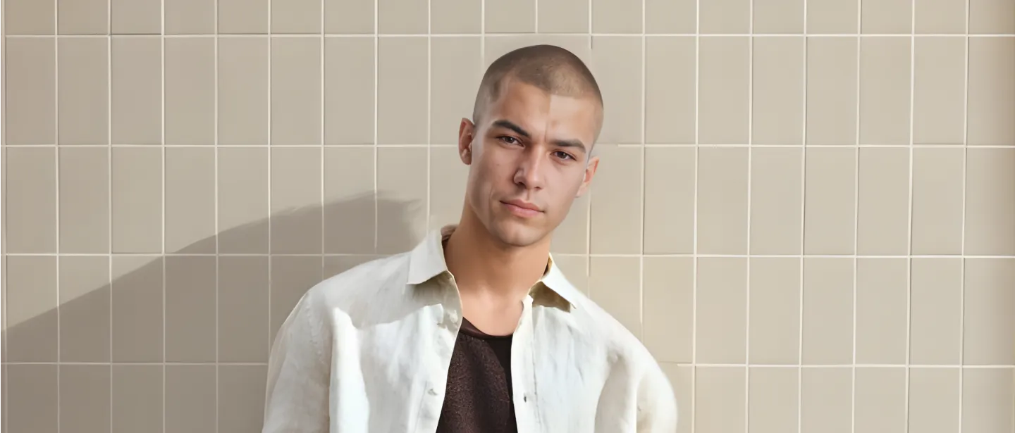 Fashion model in white shirt against beige tiled background