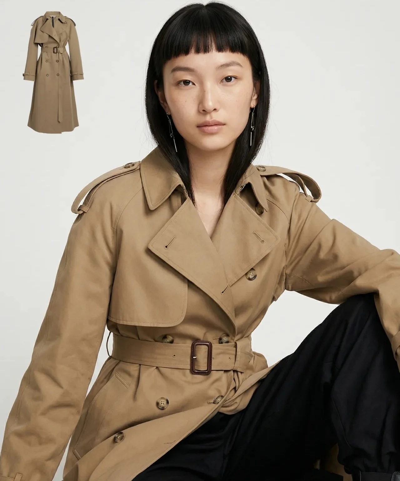 Model wearing a generated trench coat